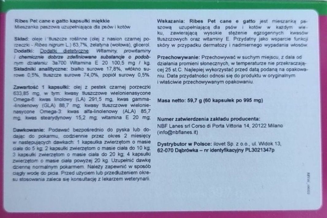 Ribes Pet Recovery 60 kapsułek olej z pestek czarnej porzeczki