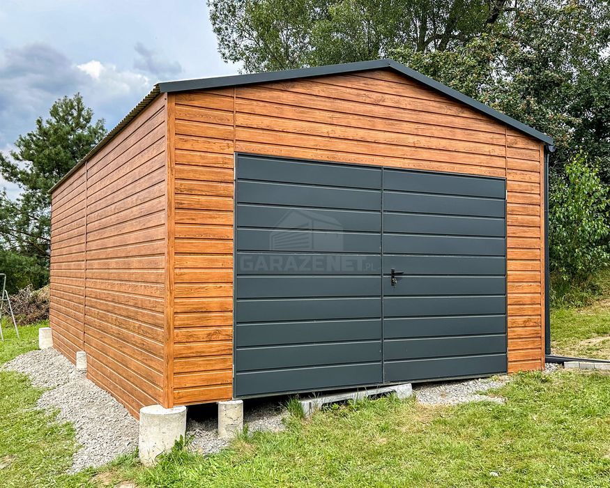 GARAŻ BLASZANY 4,5X6M - Brama Dwuskrzydłowa Drzwi Drewnopodobny TS752