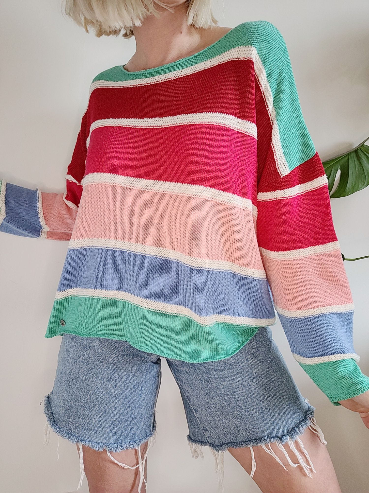 Kolorowy sweter w pasy oversize 80s vintage