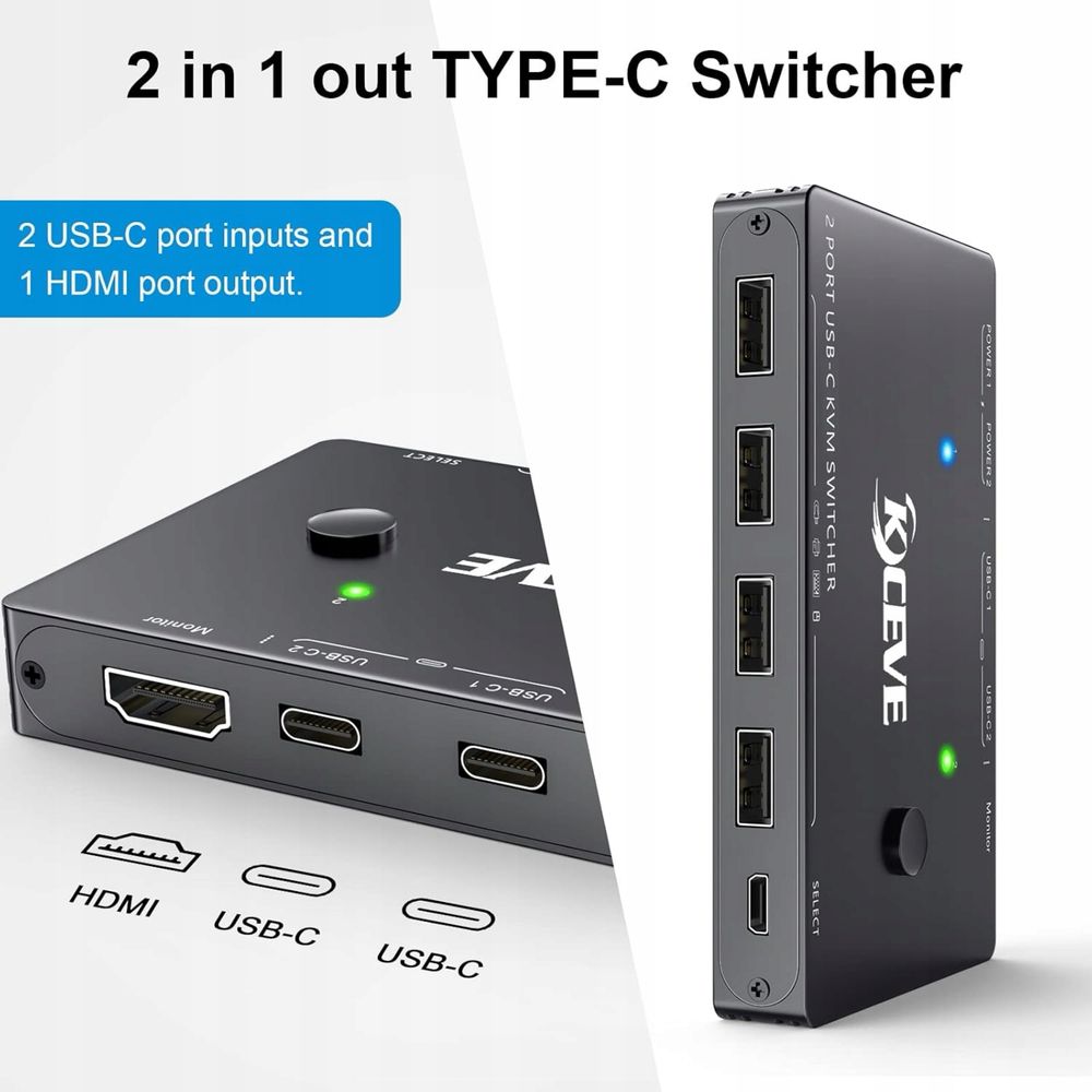 Przełącznik KVM USB-C dla 2 komputerów, KVM typu C KCEVE, obsługa 4K