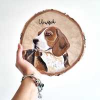 Portret pupila na plastrze drewna pies Beagle obraz ręcznie malowany
