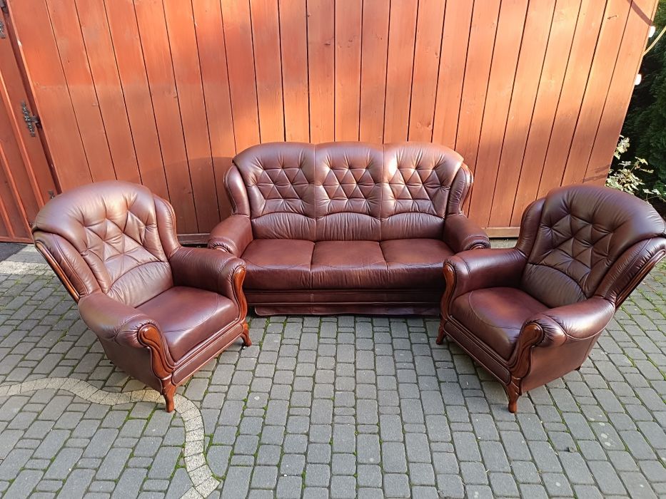 Komplet skórzany 3+1+1, sofa i fotele, styl Ludwikowski, skóra natural