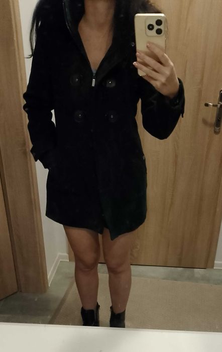 Płaszcz wełniany zimowy rossodisiera 38 m zielony  kaptur futerko