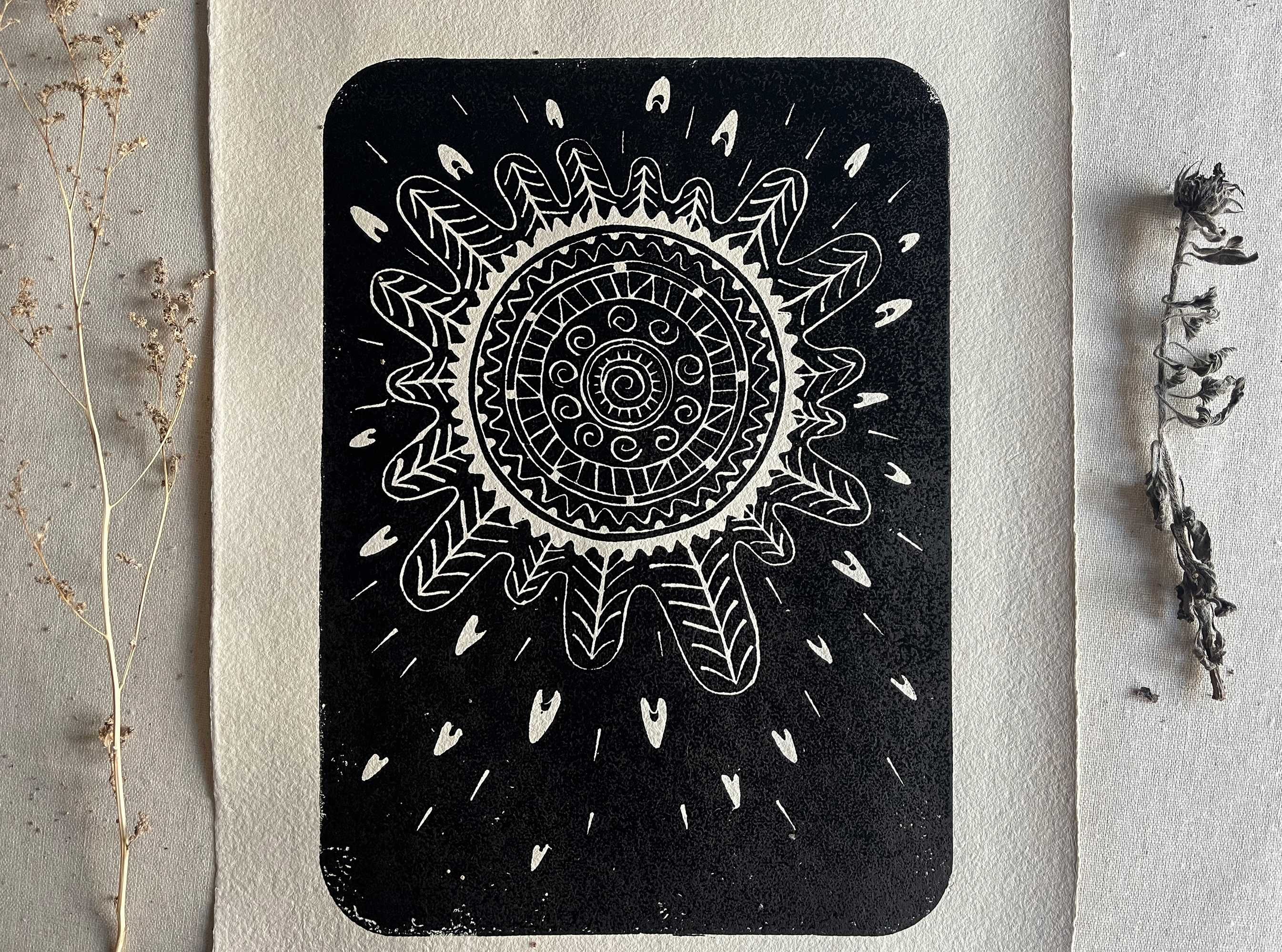 Sztuka Linoryt "Frith" mandala Druk artystyczny na czerpanym papierze