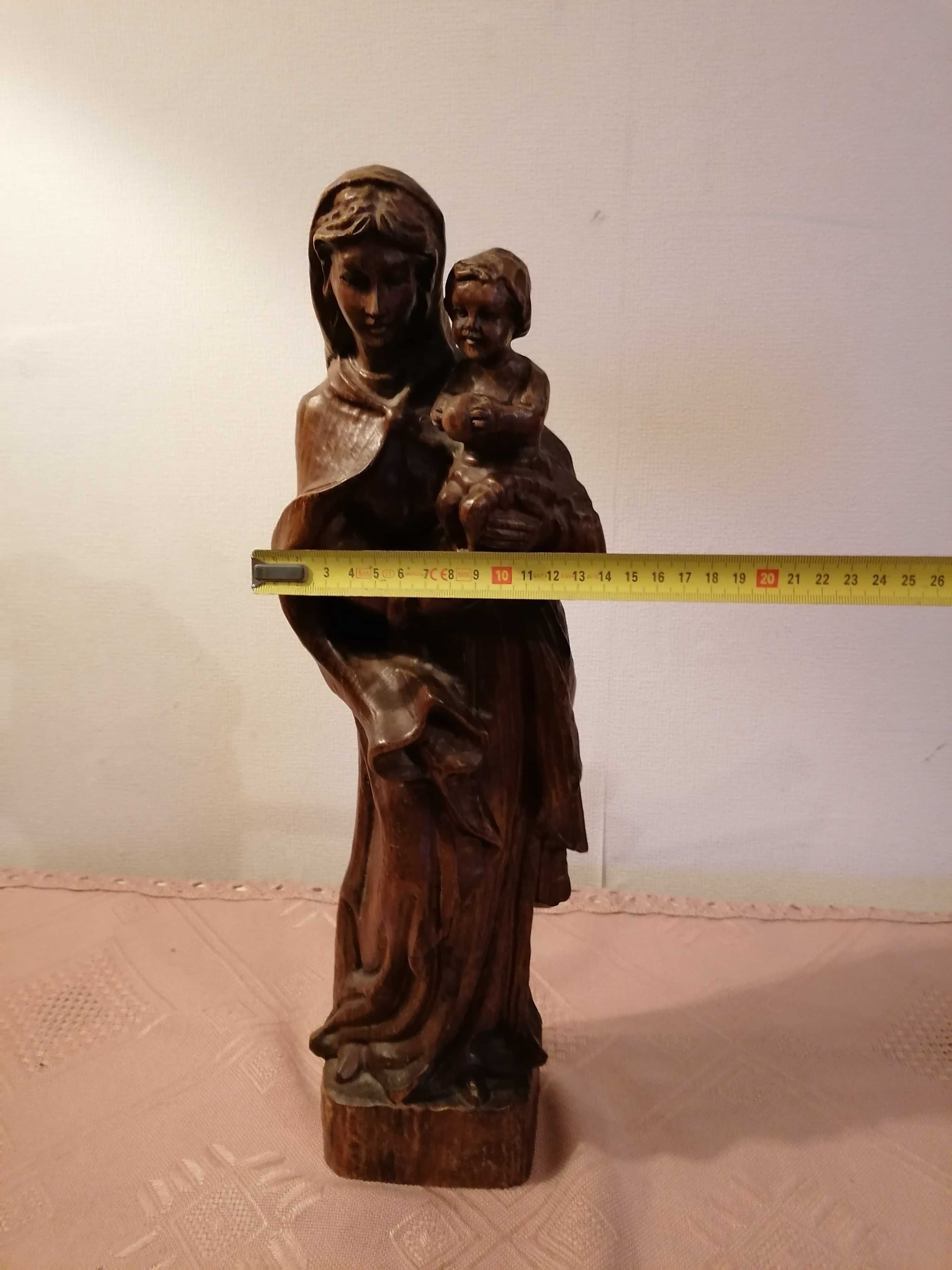 Stara piękna ręcznie wykonana drewniana figurka Matki Boskiej 46 cm