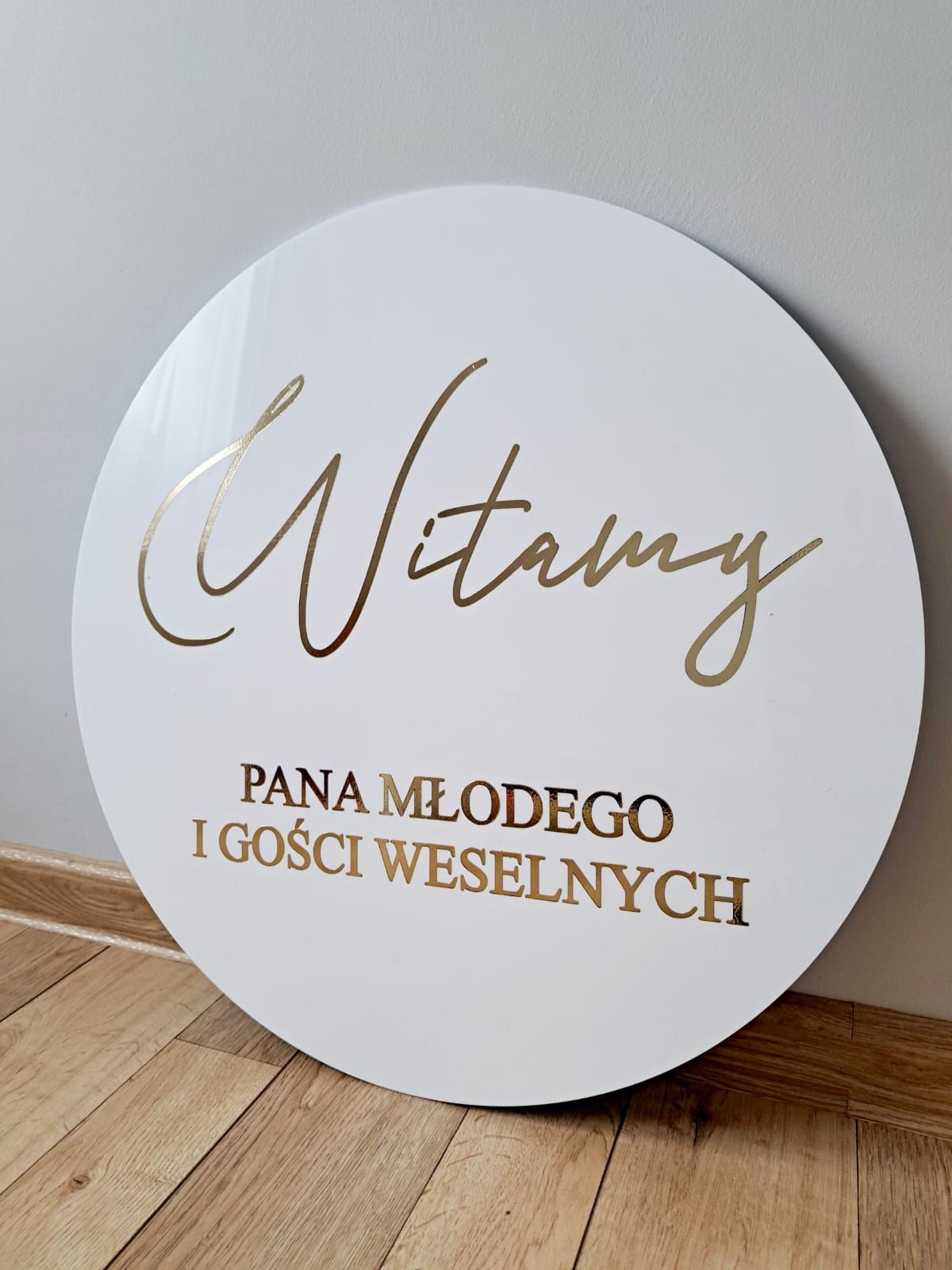 Koło pleksi złoty napis Witamy Pana Młodego I gości wesele dekoracje