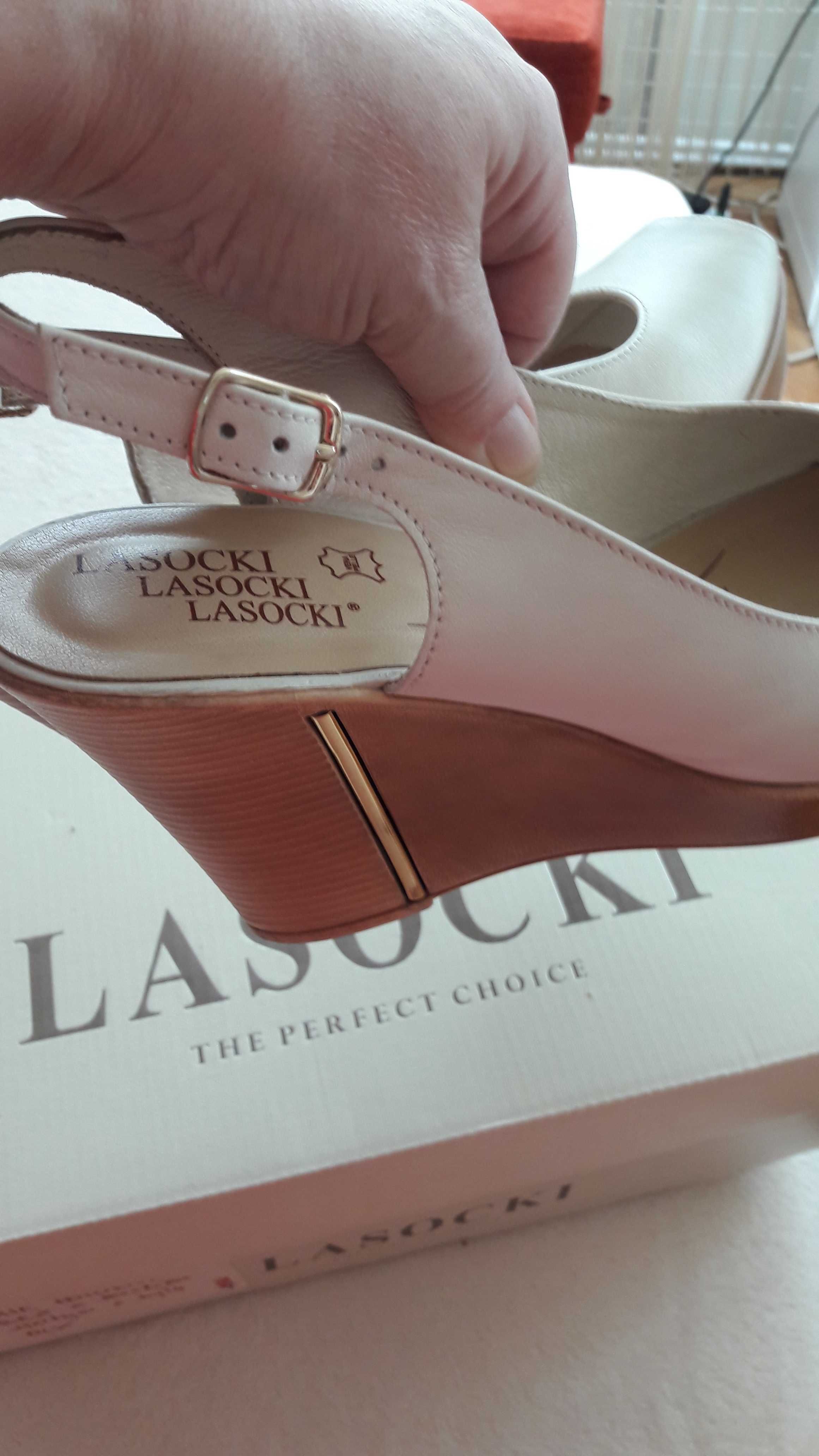 buty sandały na koturnie LASOCKI roz 39, skóra natural 24,5 cm j. nowe