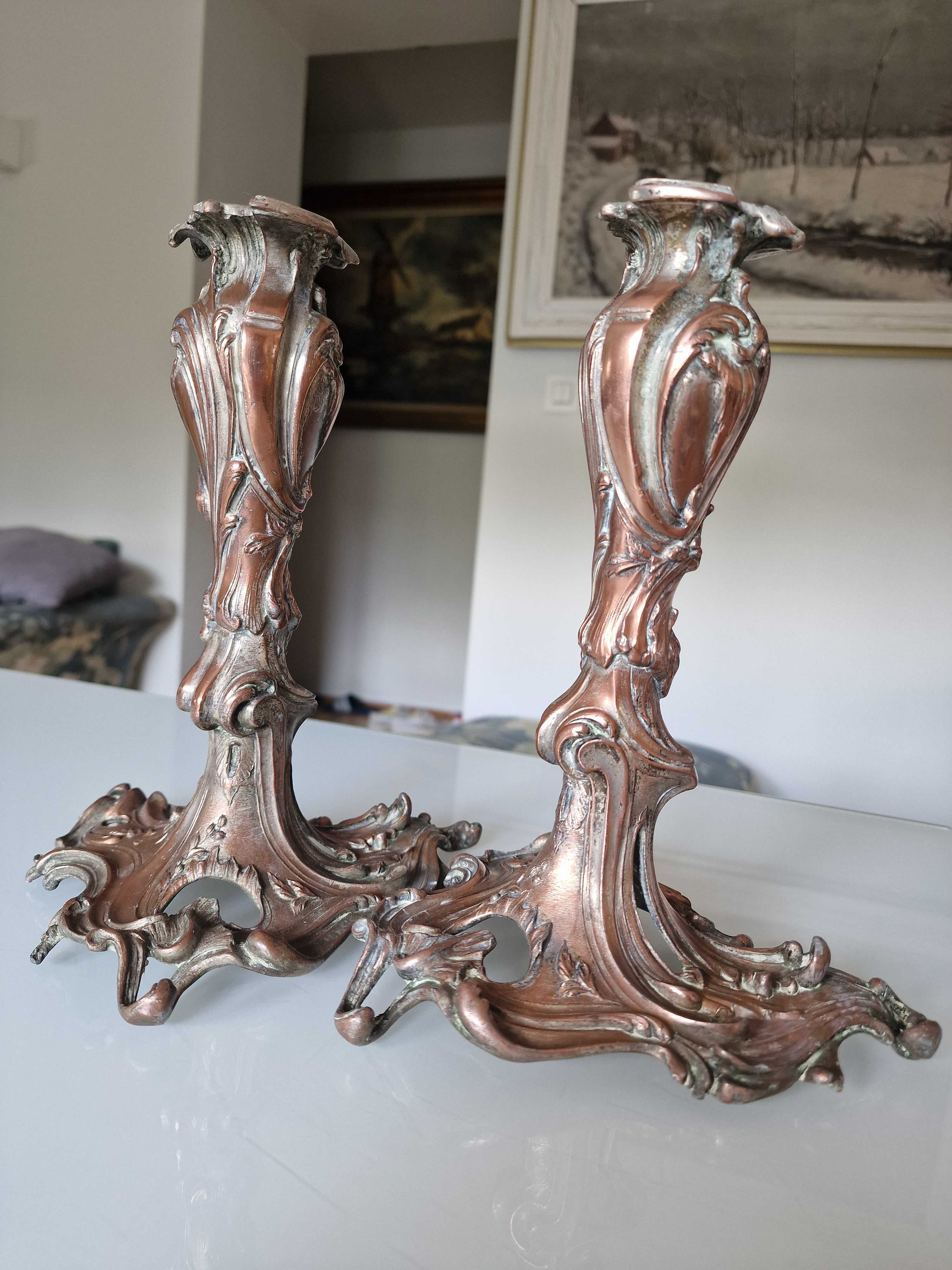 Dwie piękne XIXw srebrzone francuskie podstawy do lamp- świeczniki