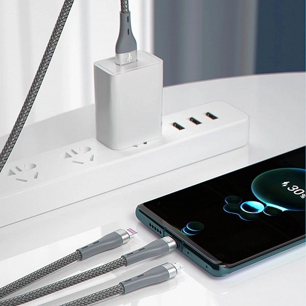 Kabel Dudao 3w1 USB - Lightning / microUSB / USB Typ C 65W 1,2m szary