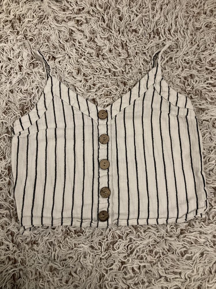 Biala bluzka top koszulka crop paski guziki Primark bawelna xs/34 s/36