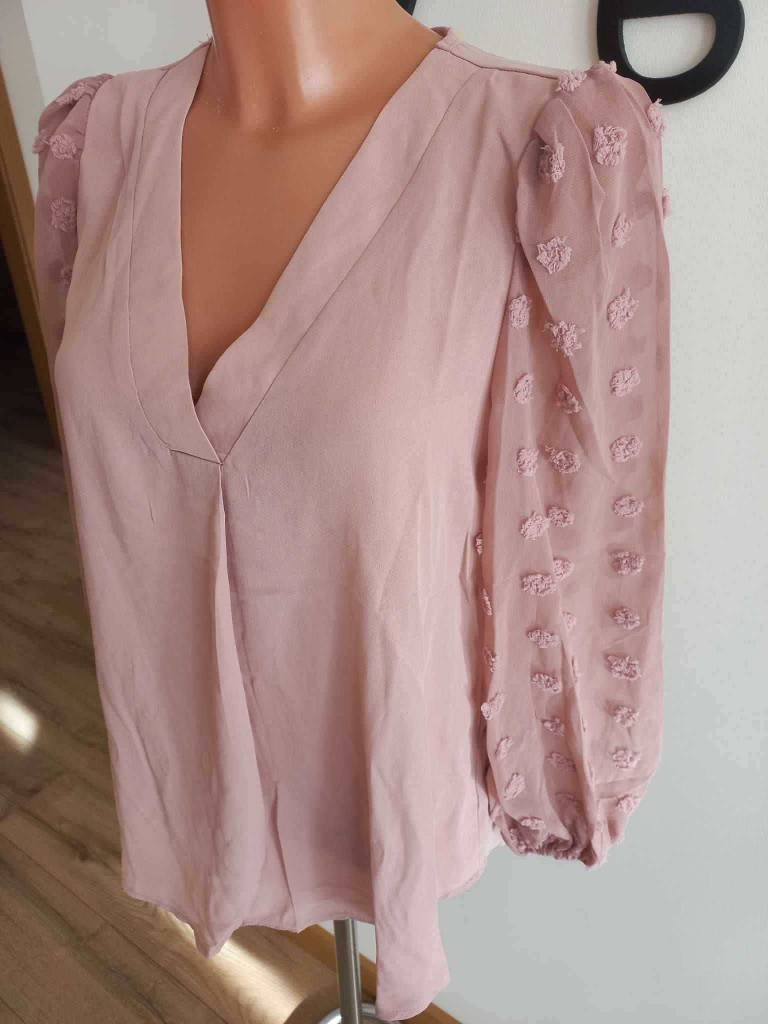 Śliczna bluzka/ koszula różowa z ozdobnymi rękawami w kropki L/XL
