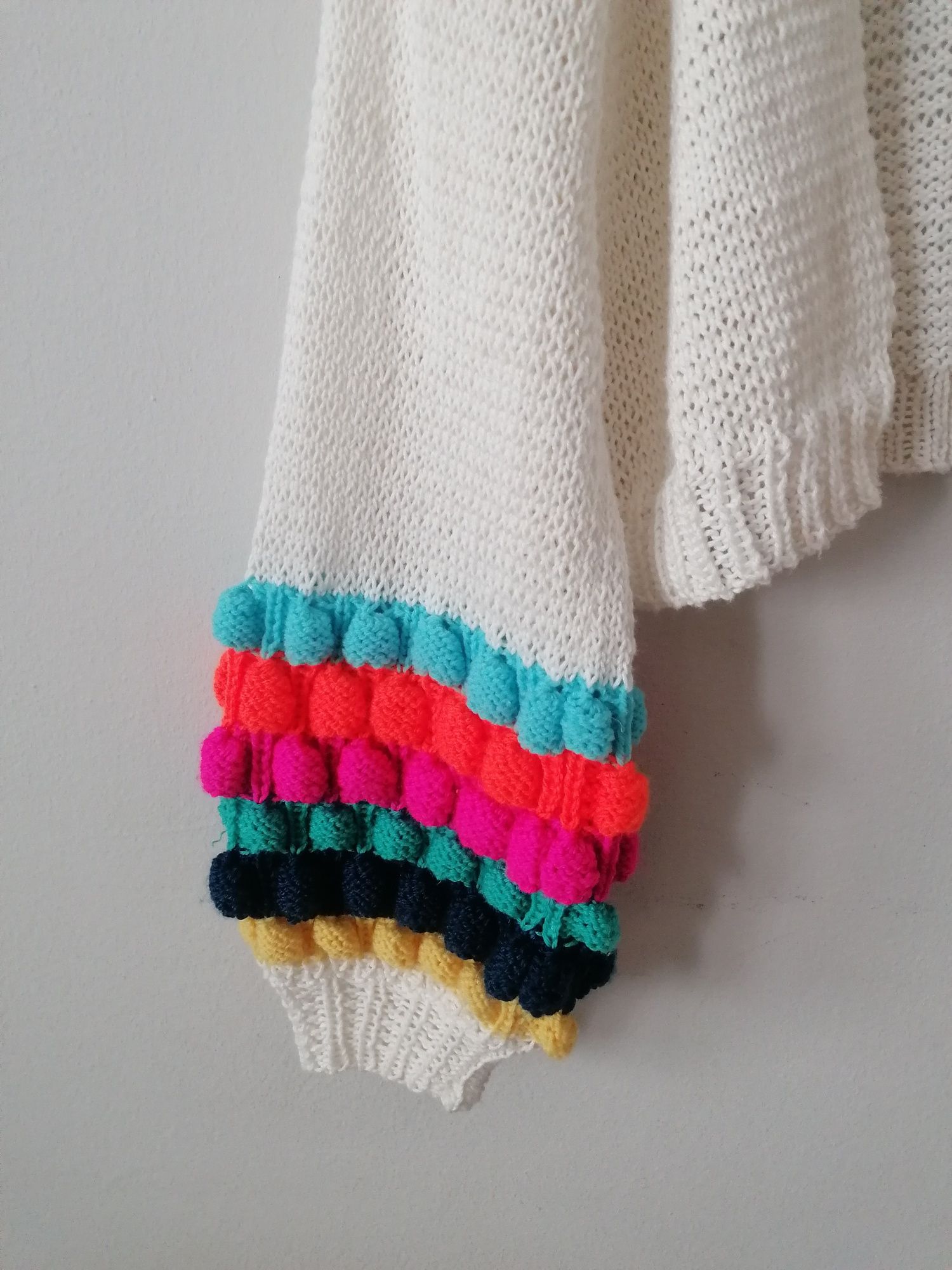 Ręcznie robiony na drutach sweter bawełna kolorowe rękawy M L bolerko