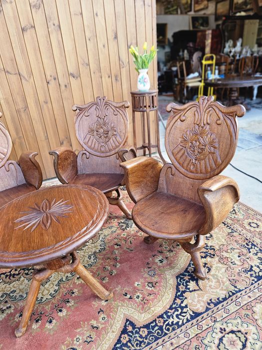 Rzeźbione  fotele 4 szt + stolik orzech orient wypoczynek #1592 Węgrów