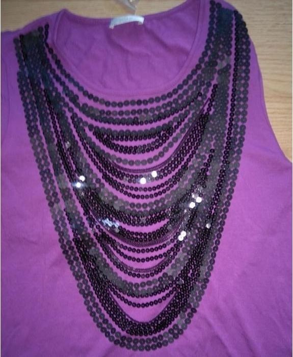 Designerska efektowna bluzka tunika cekiny biżuteria korale nowa r 40