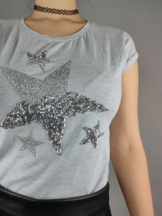 Błękitna koszulka na lato bluzka t-shirt w gwiazdki bawełniana bawełna