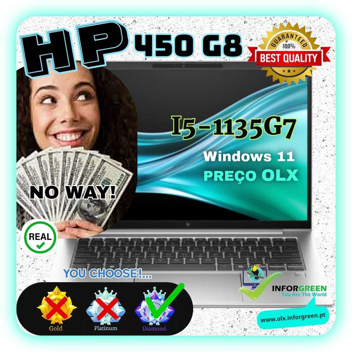 Portátil HP 450 G8 de 11ª até 32GB W11 - NO WAY - Escolha > DIAMANTE