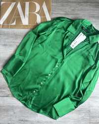 Satynowana koszula oversize ZARA w soczystej zieleni - rozmiar XS