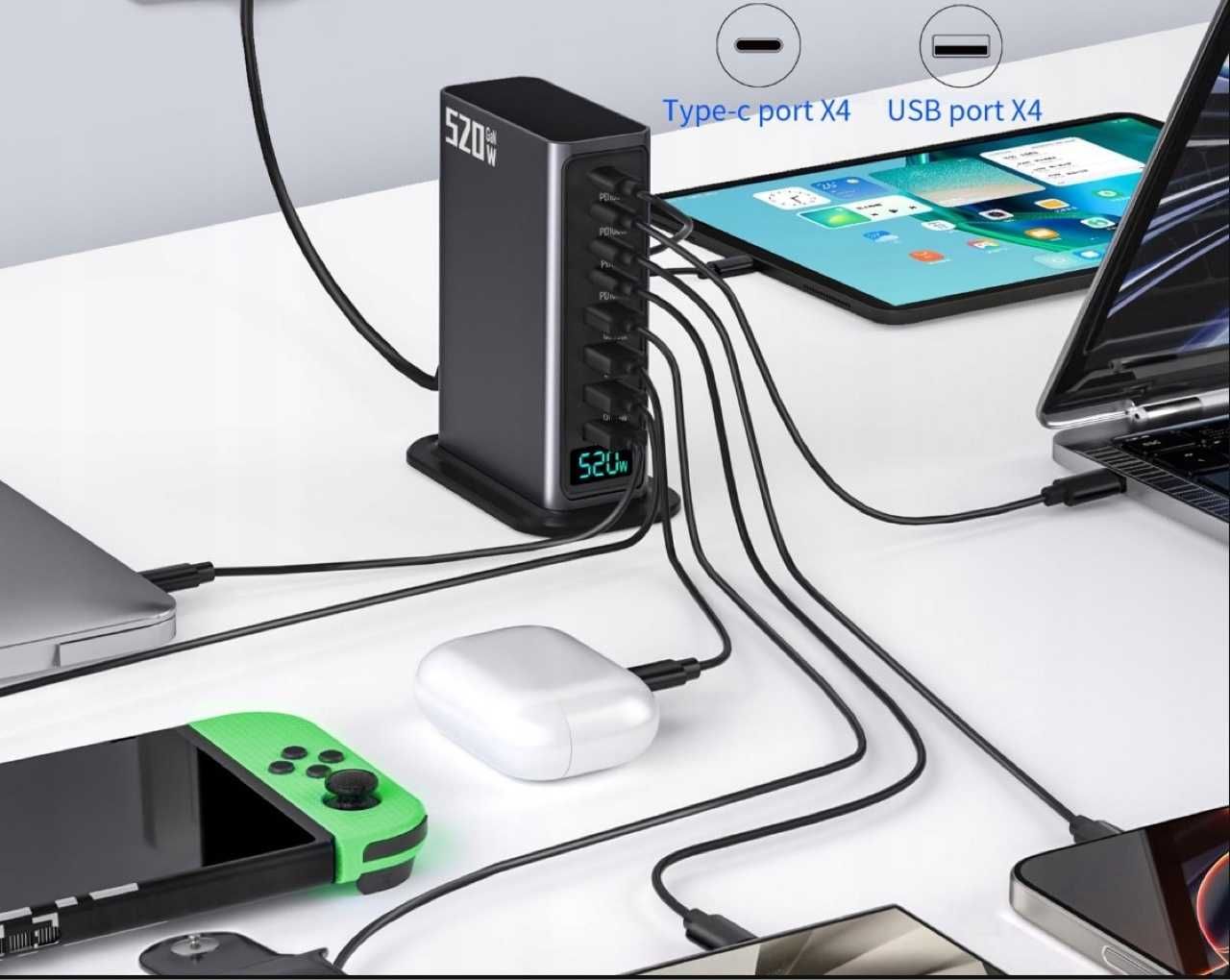 ANKER Ładowarka USB C 520W 8Portów Szybka 4 USB-C 4 USB-A QC30W
