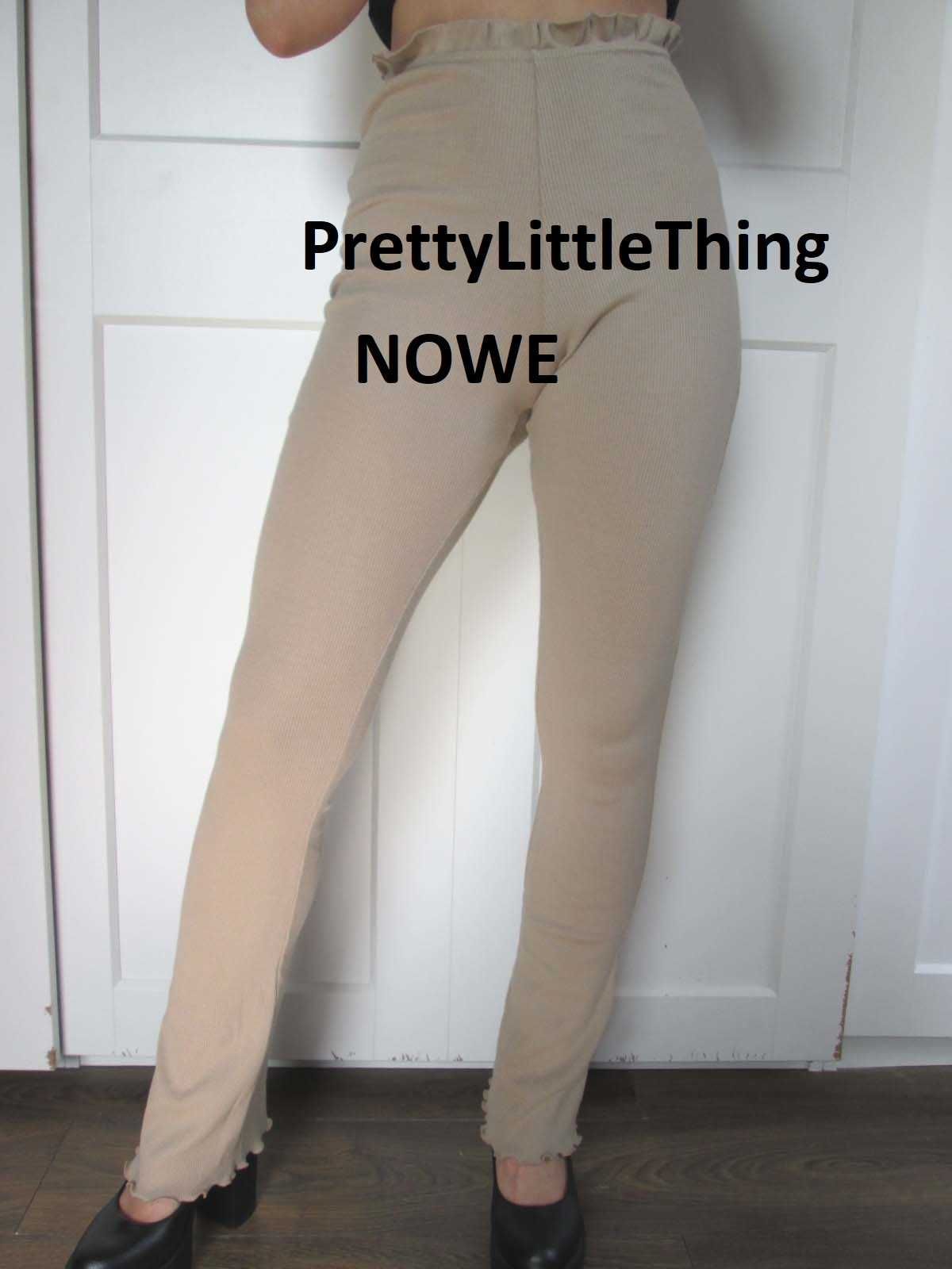 PrettyLittleThing spodnie dzwony beżowe prążkowane falbanki XXS XS S