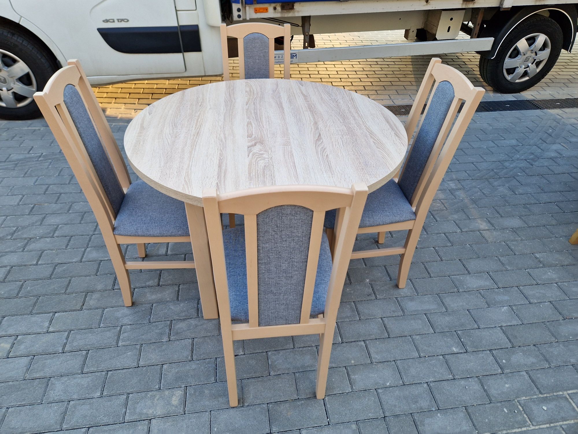 Nowe: Stół okrągły + 4 krzesła, sonoma + szary , transPL