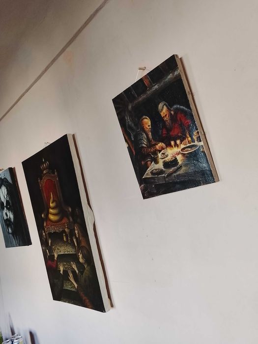 Авторская картина "Викинги у огня". Доска 30х38,5. Акрил.