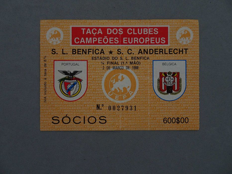Bilhete de futebol Benfica Anderlecht Taça Clubes Campeões Europeus 88