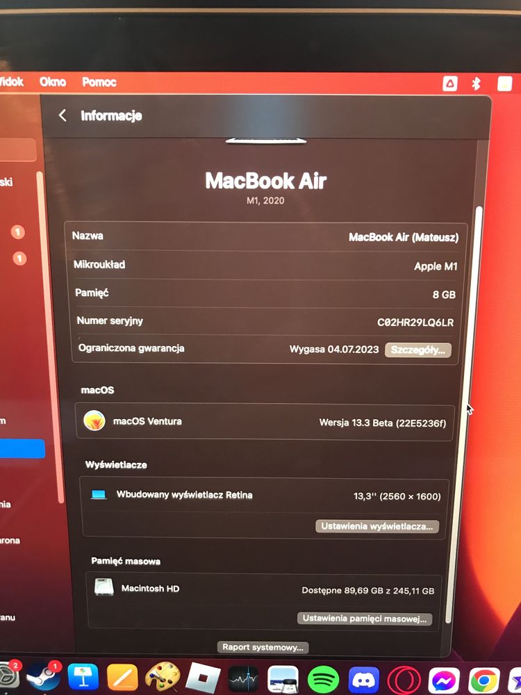 [UBEZPIECZENIE] MacBook Air M1 13'3 8GB RAM 256GB SSD macOS Srebrny