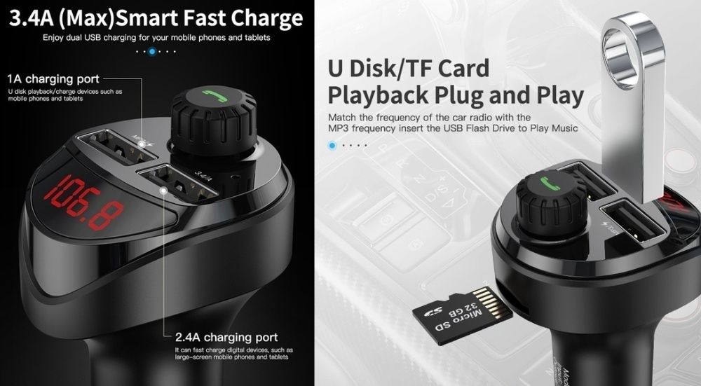 Carregador rápido USB duplo 3.4A multifunções para carro