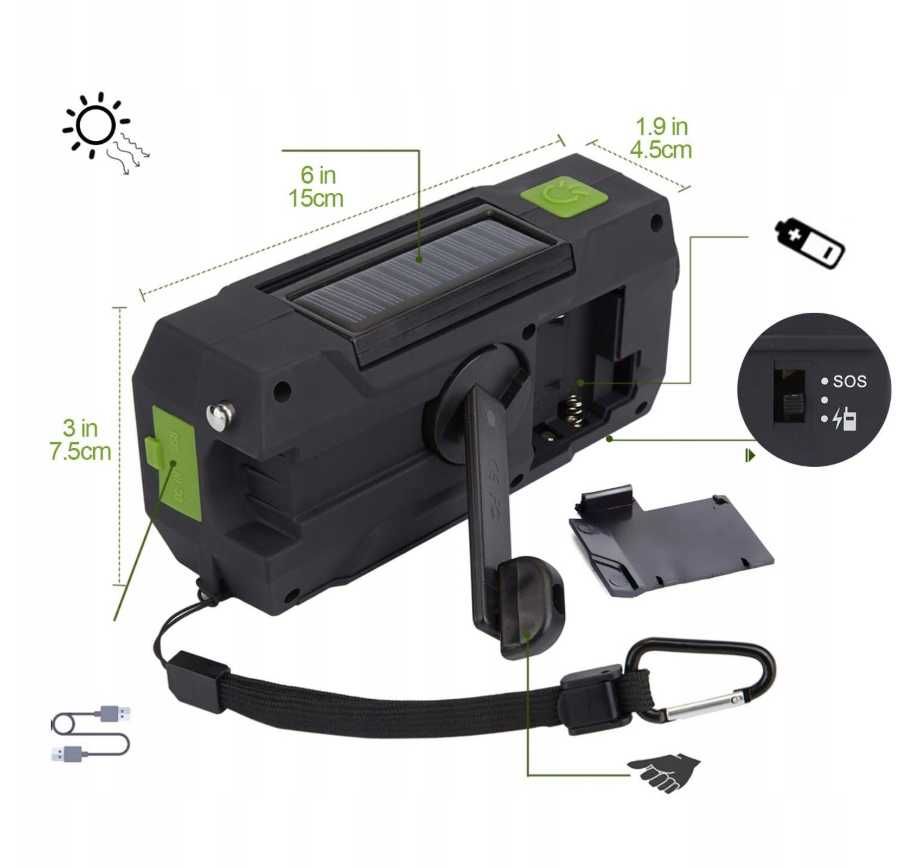 MILFECH Radio solarne 8000 mAh - latarka, dynamo, USB C, AM/FM, kompas
