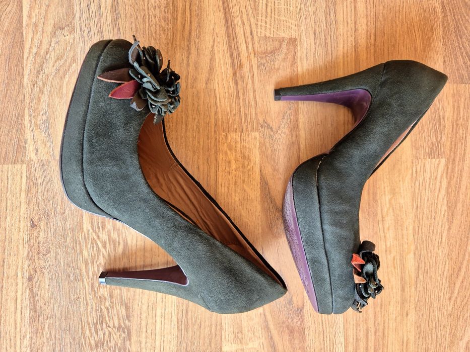 5TH AVENUE 38 eleganckie ciemnozielone czółenka na platformie skóra 38