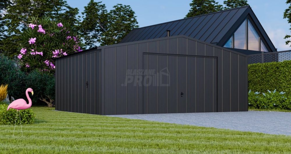 Garaż blaszany 6x6 brama uchylna blacha na rąbek  dwuspadowy GP643