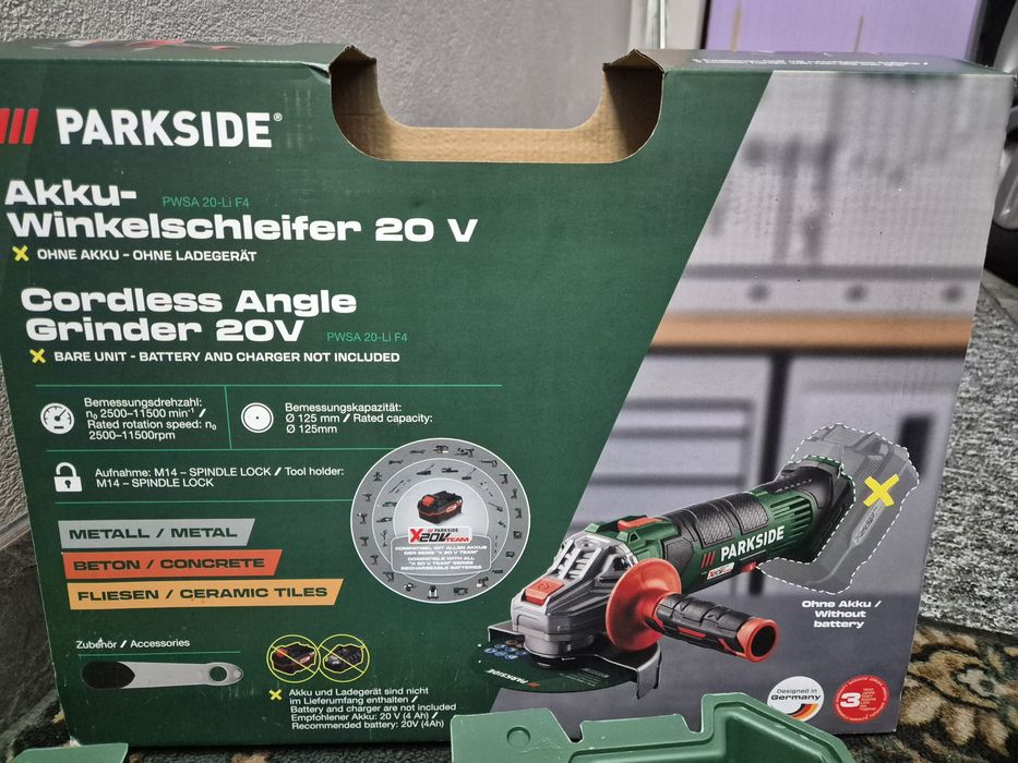 Szlifierka kątowa akumulatorowa parkside z ładowarką i baterią, nowa,