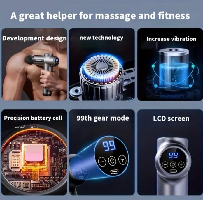 Перкусійний масажер для тіла та м'язів Lenovo + 8 насадок + кейс