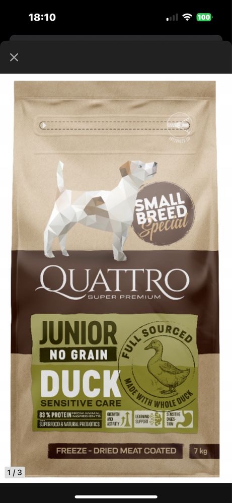 Karma sucha dla psa QUATTRO GRAIN FREE JUNIOR kaczka 7kg