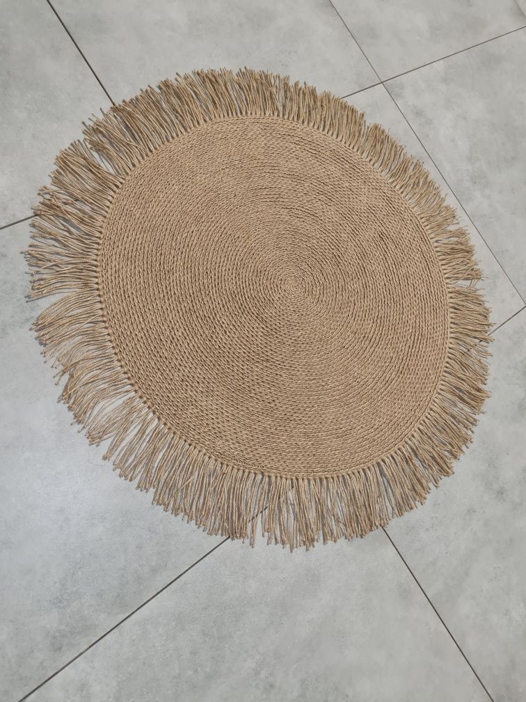 Плетений круглий килимок з китицями,джутовий еко коврик,скандинавський