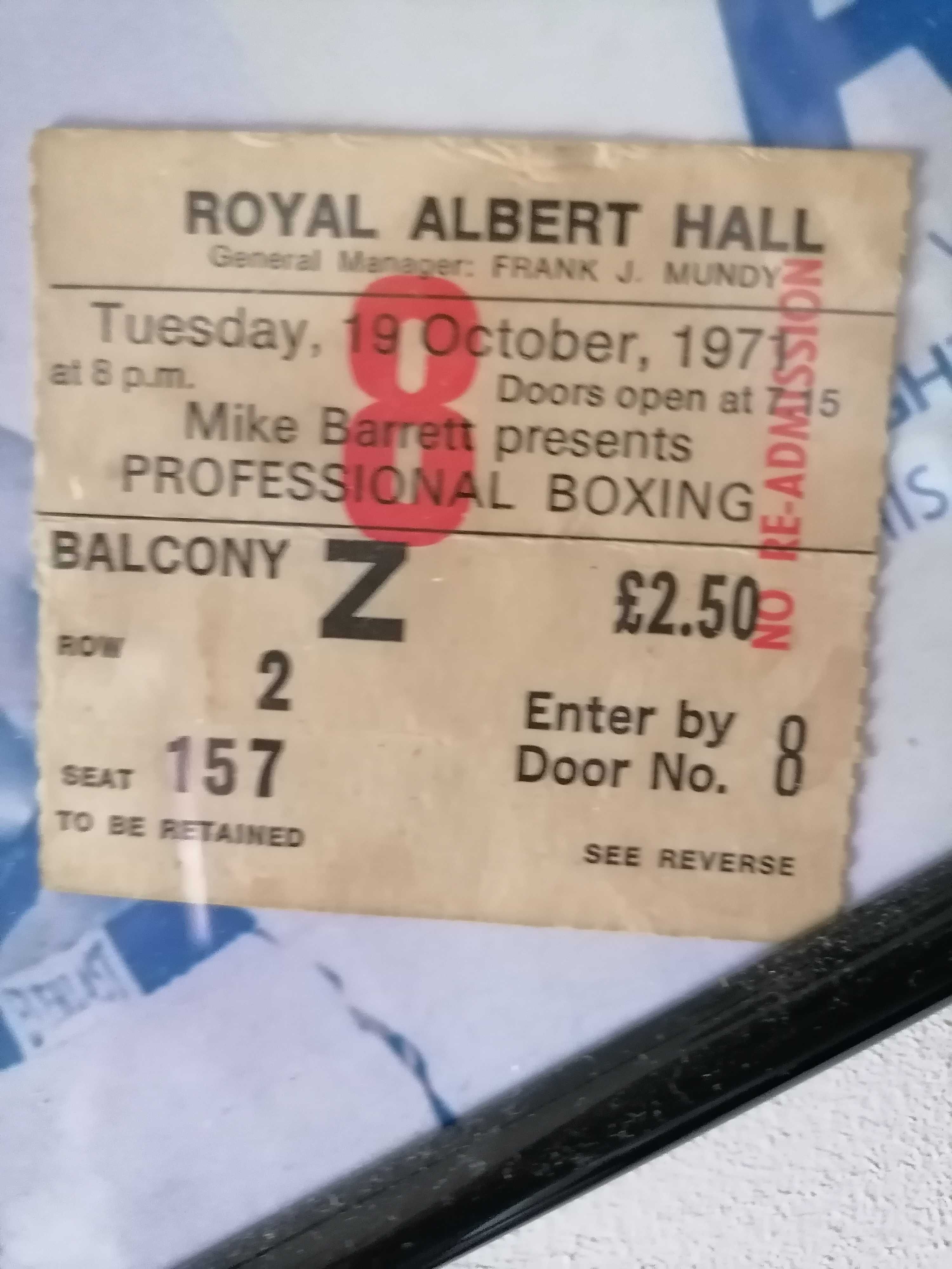 BOXE Raríssimo MUHAMMAD ALI 1971 Bilhete ORIGINAL Combate Royal Hall