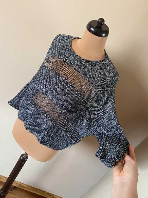 40 42 metaliczny sweter dziury nietoperz oversize srebrna nitka