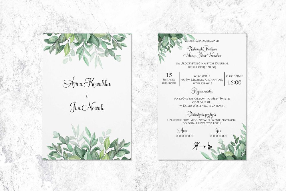 Zaproszenia ślubne Z KALKĄ, zielone liście, eko, rustykalne