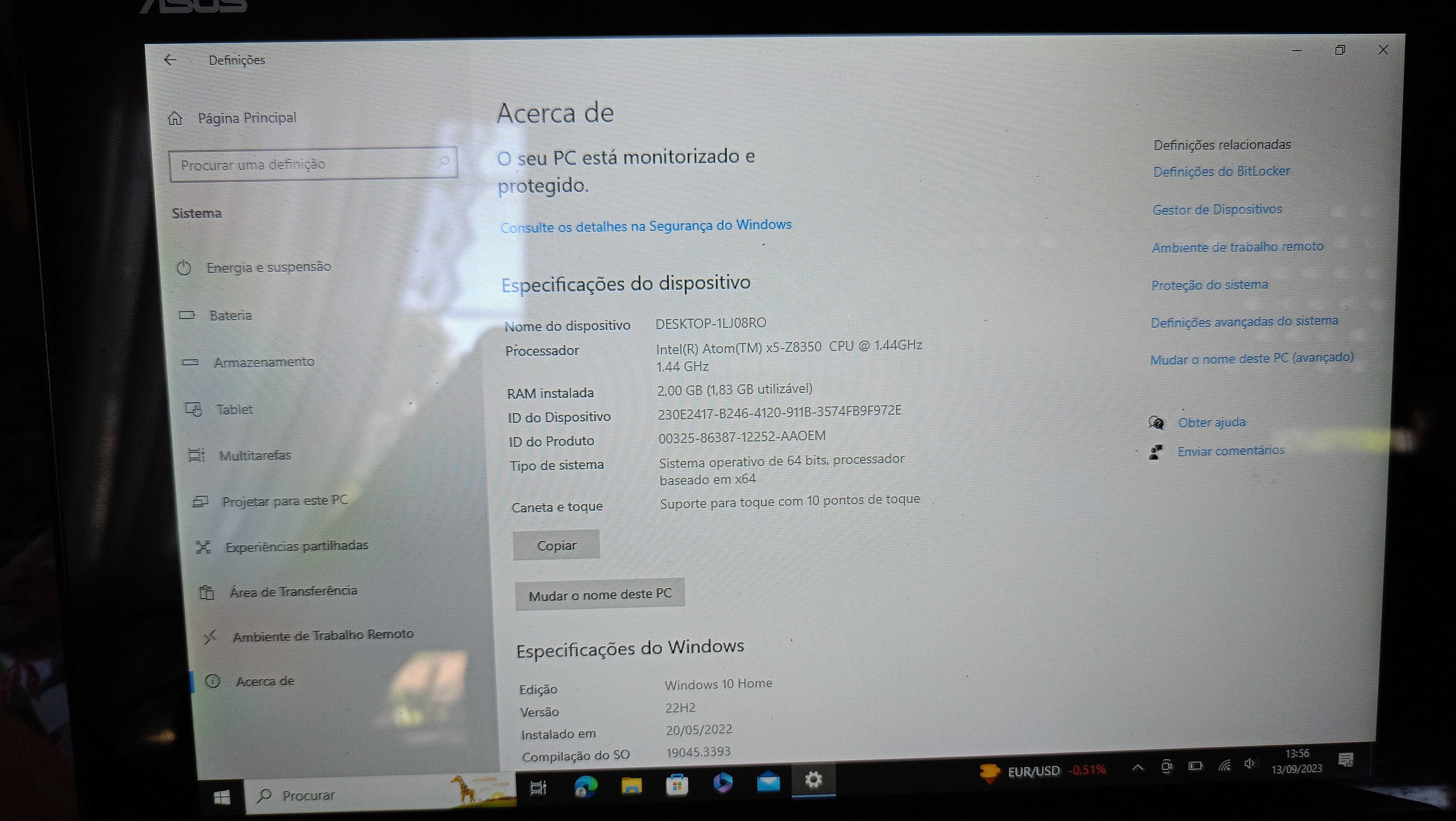 Portátil ASUS Nome do dispositivo: Desktop-1lj08ro