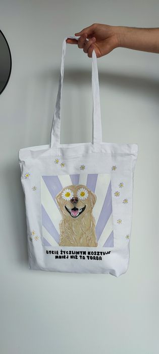 Torba bawełniana biała z pieskiem Golden Retriever ręcznie malowana