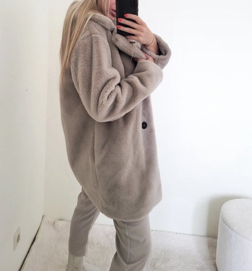 zara płaszcz sztuczne futerko szare szary camel piaskowy xs s m