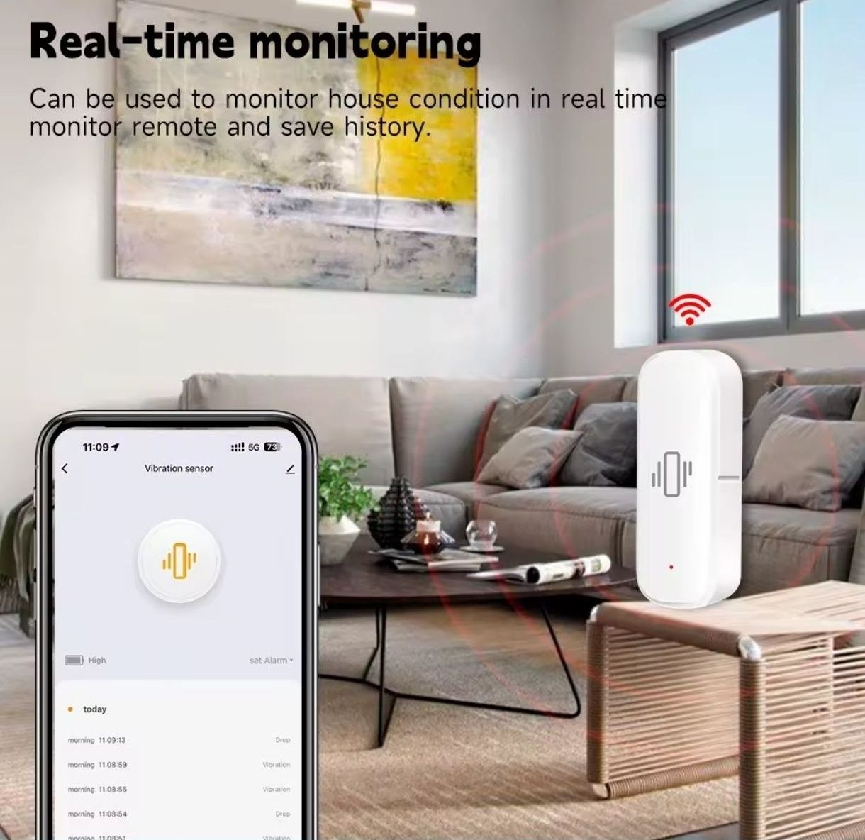 Czujnik wibracji WiFi z regulacją czułości
Możliwość sterowania i moni