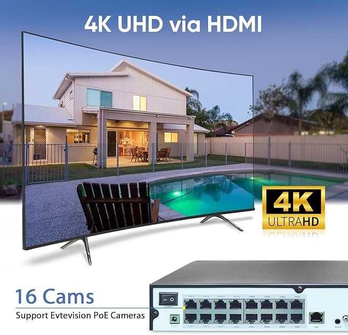 Evtevision POE NVR16CH 4K/5MP/4MP/3MP/1080p sieciowy rejestrator wideo