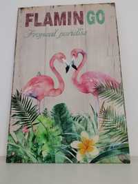 Quadro em madeira estilo vintage - flamingos - 60cm por 40cm
