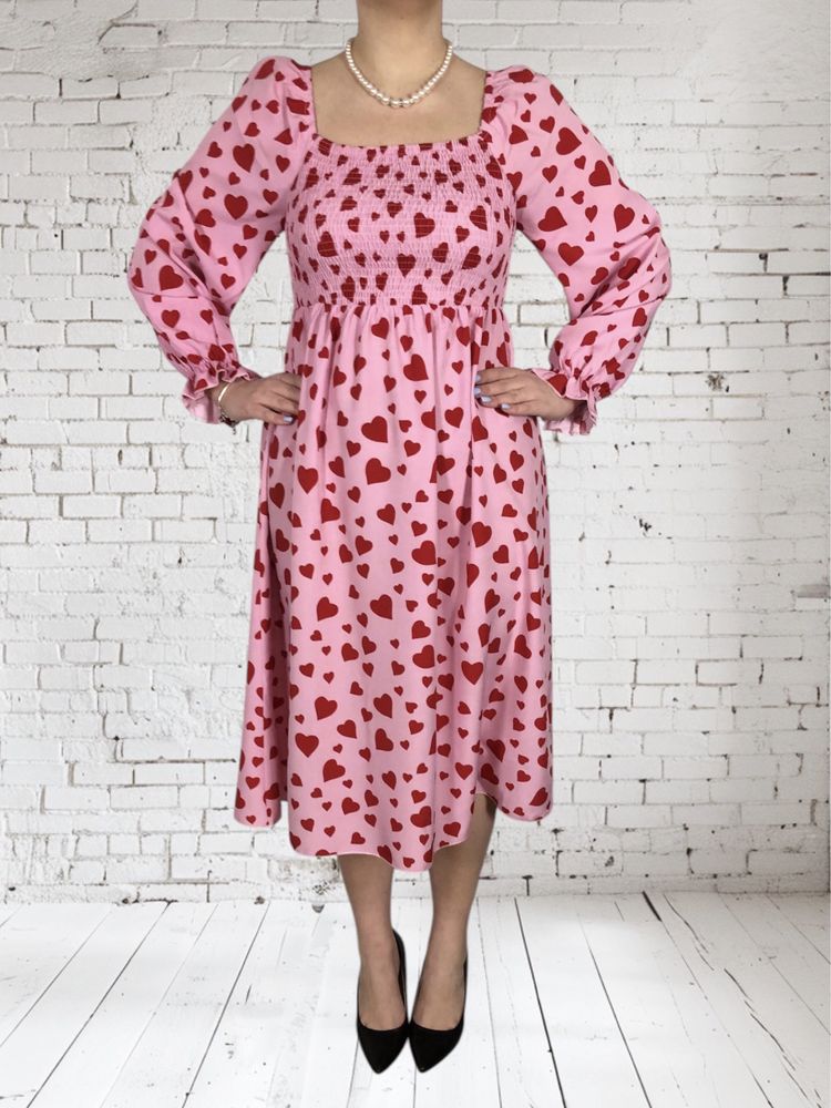 Nowa różowa sukienka midi ze wzorem w serca na co dzien plus size 4XL