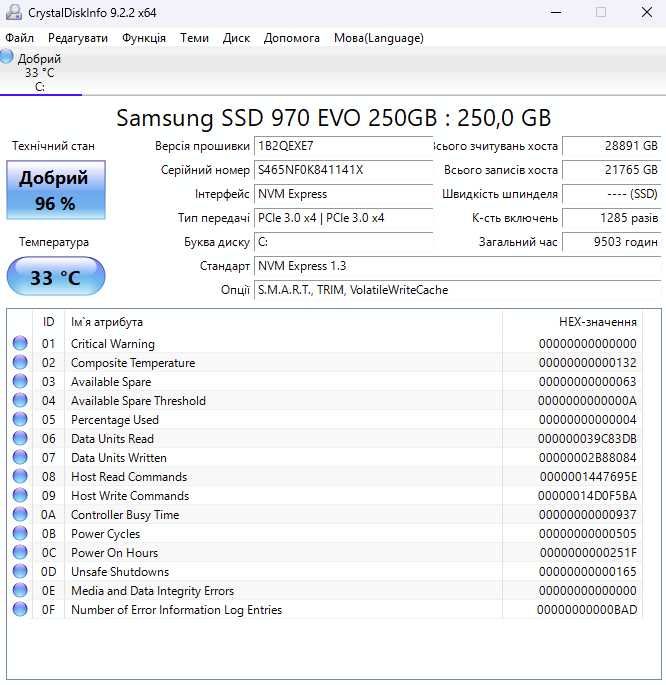M.2 SSD диск 250GB Samsung 970 EVO (3400MBs\NVMe\PCI-e 3.0 x4)