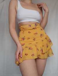 Żółta krótka obcisła spódnica z falbankami w kwiaty mini 36 S