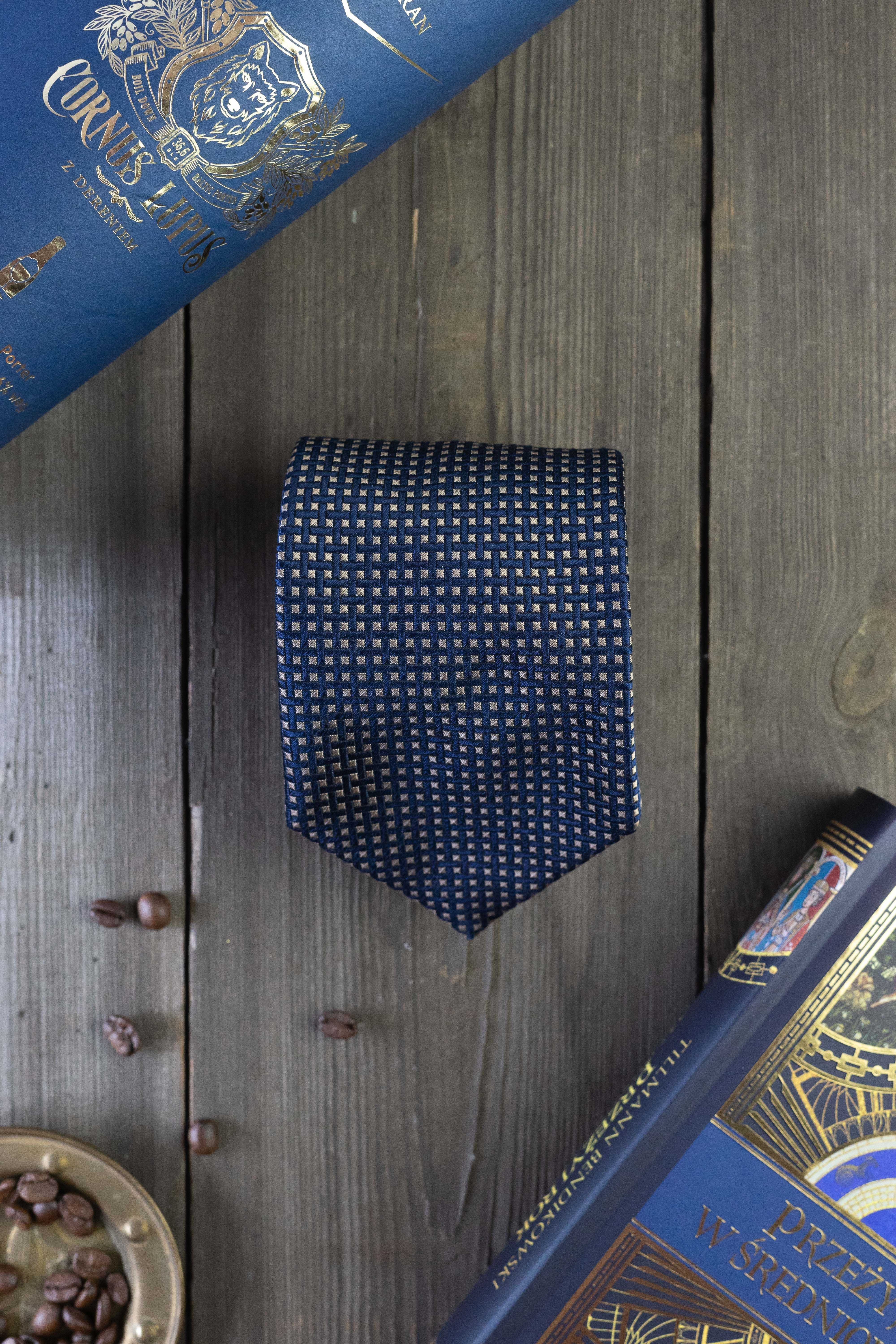 Klasyczny, granatowy, wzorzysty krawat Pelo, 100% jedwab / silk