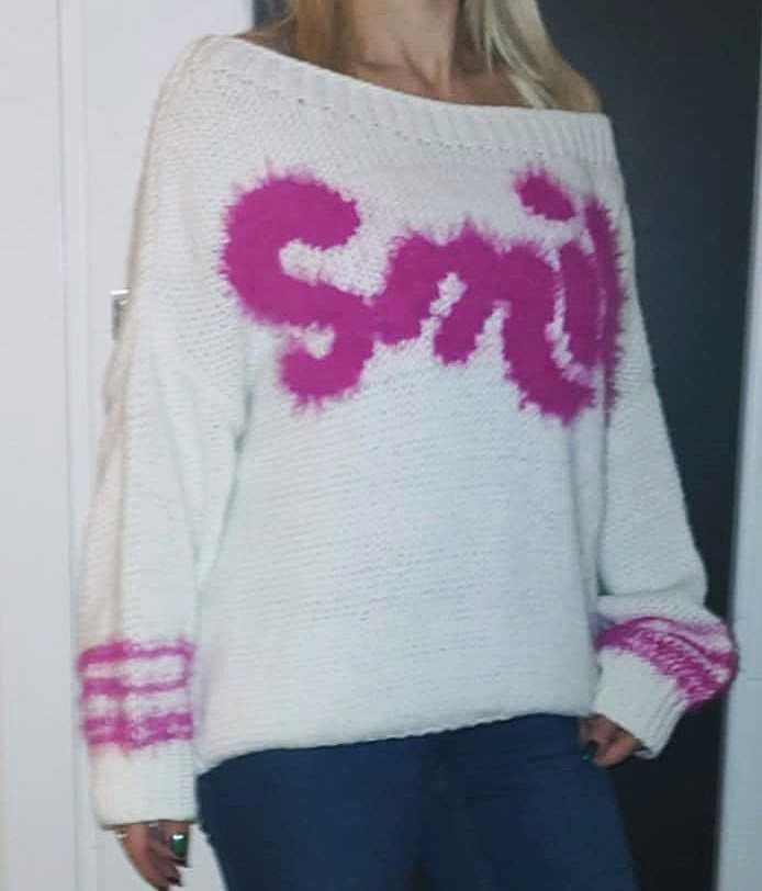 sweter biały z wełną 42/44 /róż napis/M*Nouu oversize XL/XXL