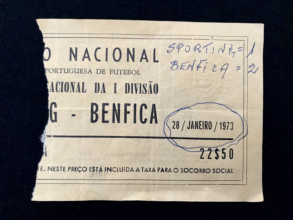 Bilhete Sporting x Benfica 28 janeiro 1973